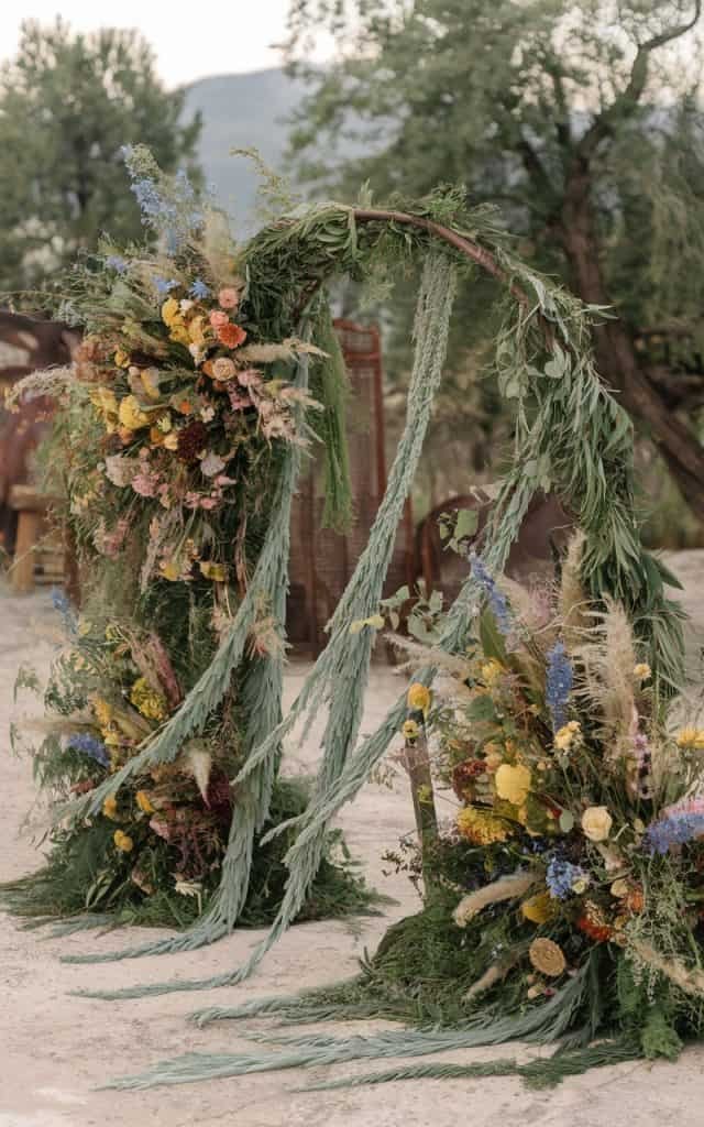 Classic Wedding Arch Flowers with symmetrical arrangements of roses and lilies, creating a balanced and polished look for a formal ceremony.
