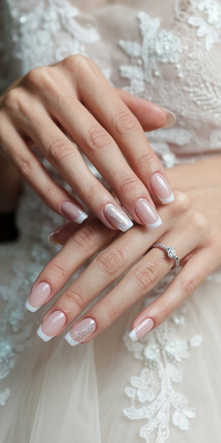 Subtle sheer pink bridal nails offering a gentle, healthy glow, perfect for minimalist wedding styles.