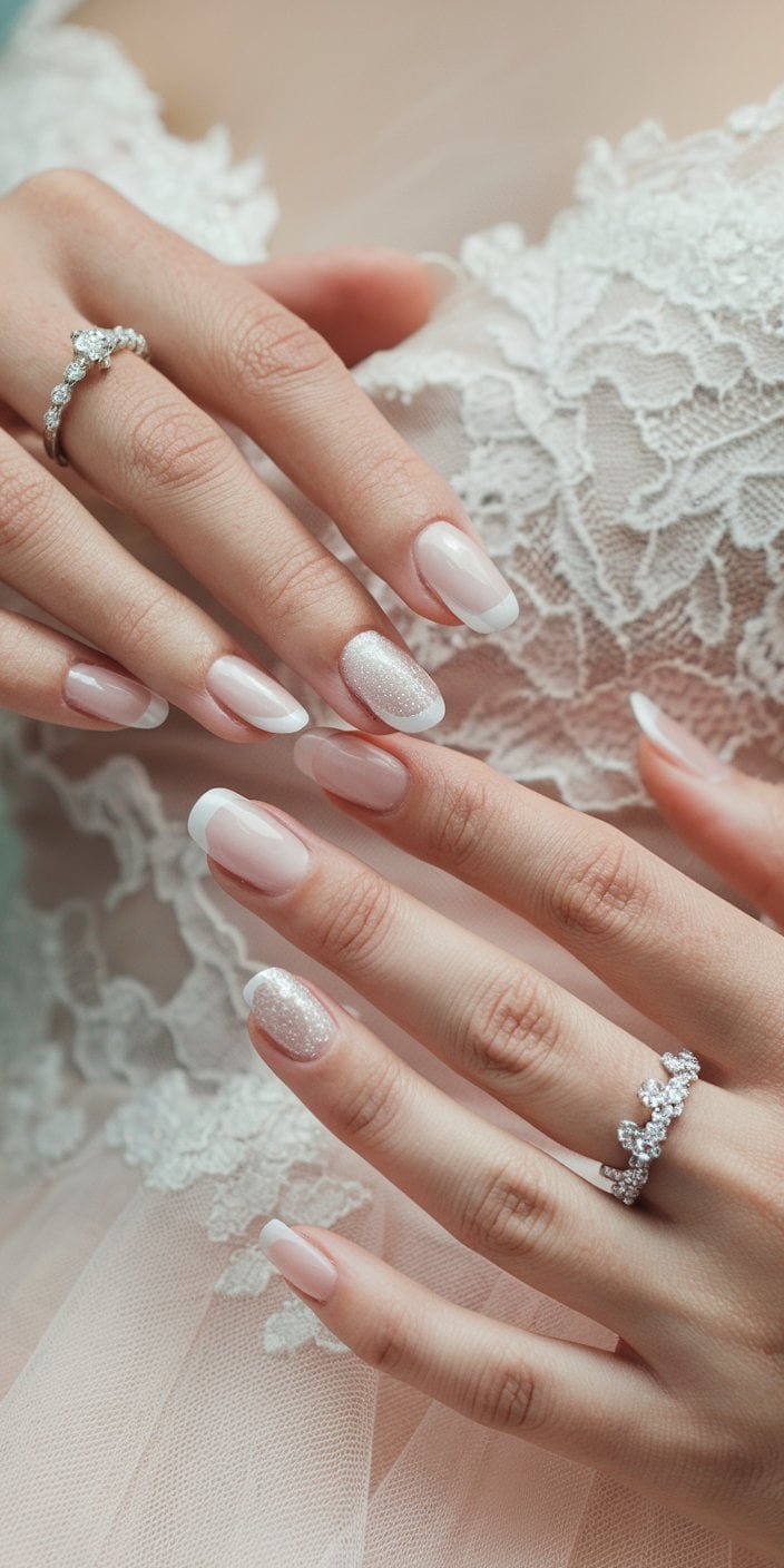 Timeless sheer pink wedding nails complementing lace and tulle bridal gowns, enhancing natural nail glow.