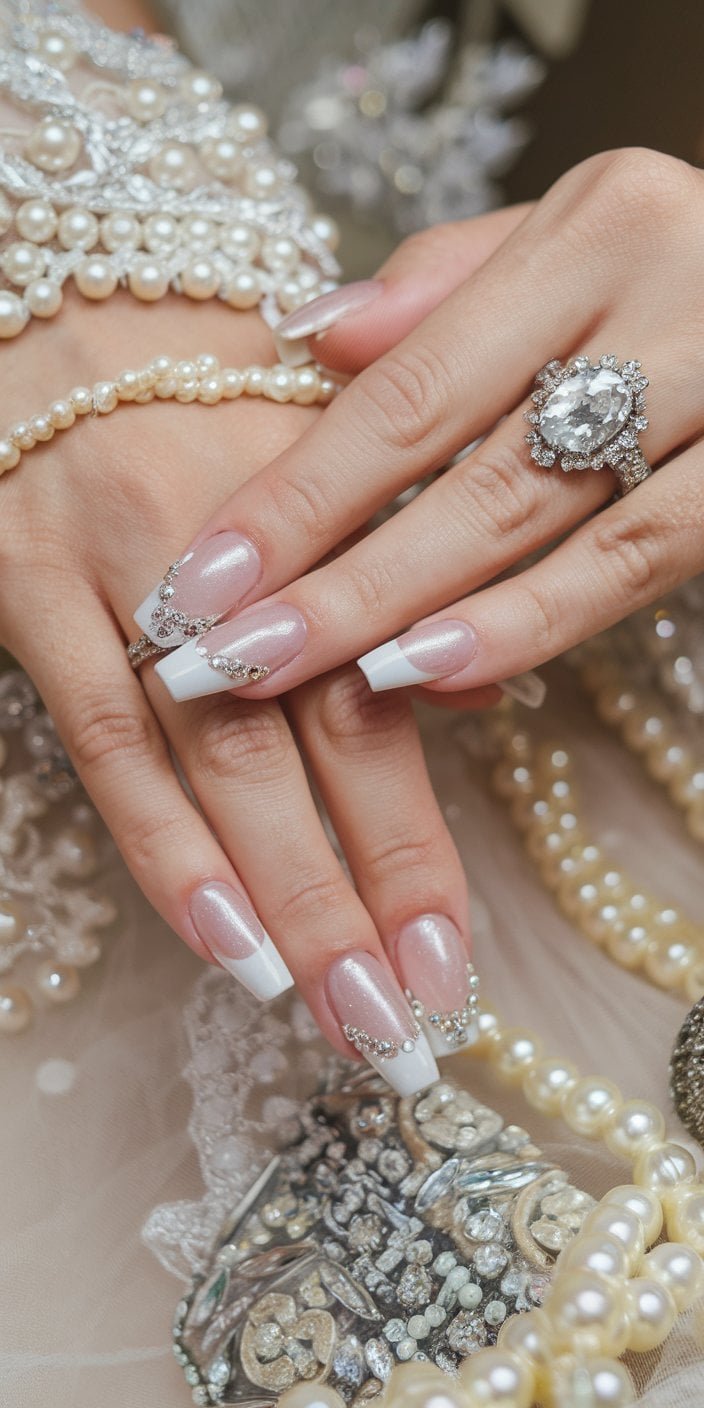 Sophisticated milky white manicure adorned with pearl-like shimmer, perfect for bridal gowns with sequins or pearls