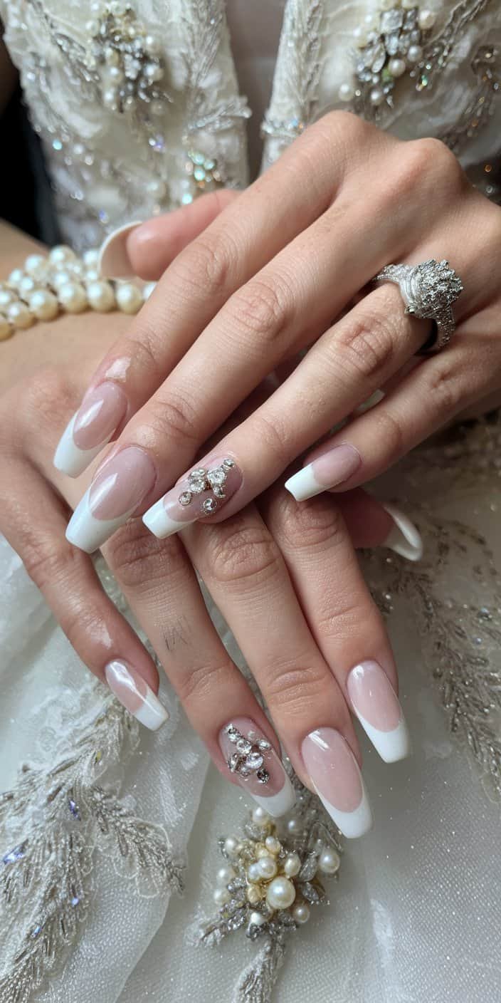 Refined milky white bridal manicure featuring subtle pearl undertones, perfect for a crisp and unique aesthetic.