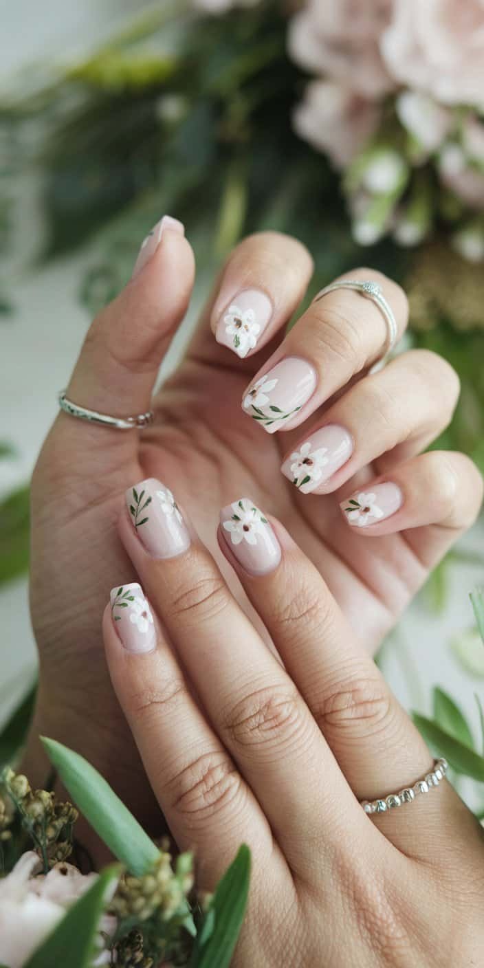legant bridal nails with subtle floral designs, ideal for rustic and garden-themed weddings
