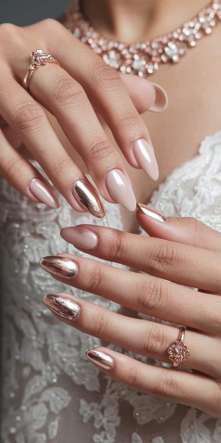 Sophisticated rose gold wedding nails with foil accents, ideal for brides seeking a harmonious match with metallic accessories.