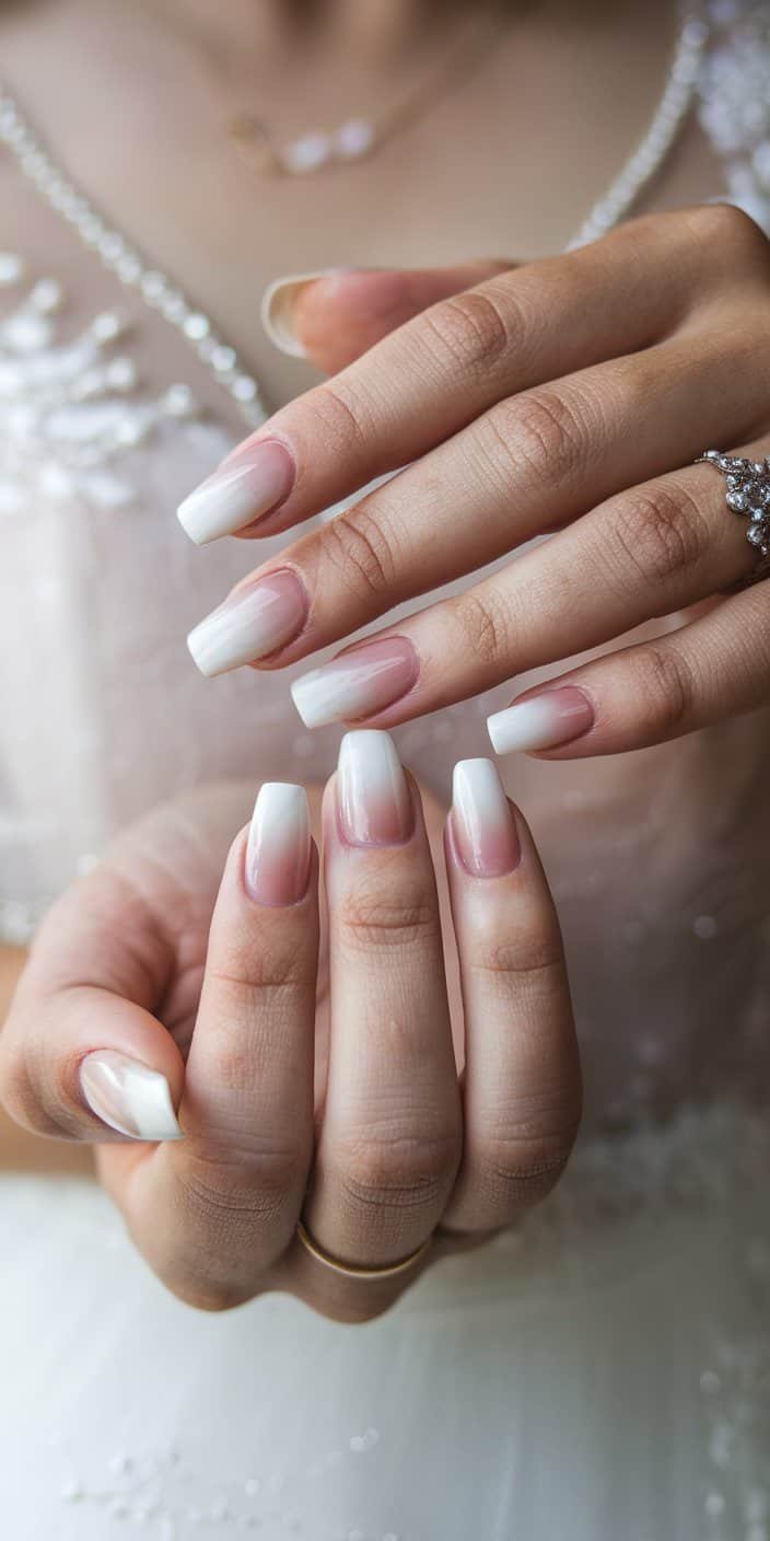Beautiful ombré wedding nails in neutral tones, complementing bohemian and modern minimalist ceremonies.