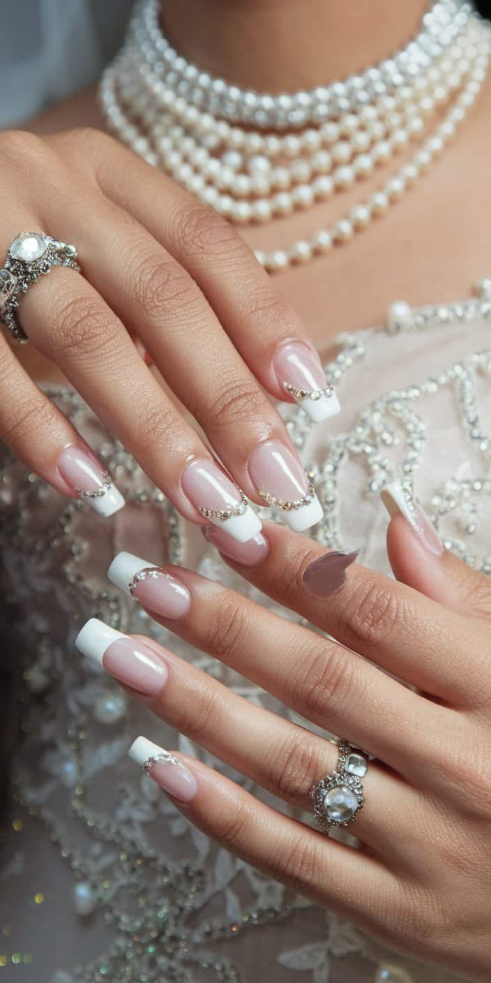 Elegant milky white wedding nails enhanced with pearlescent undertones, ideal for capturing light in evening events