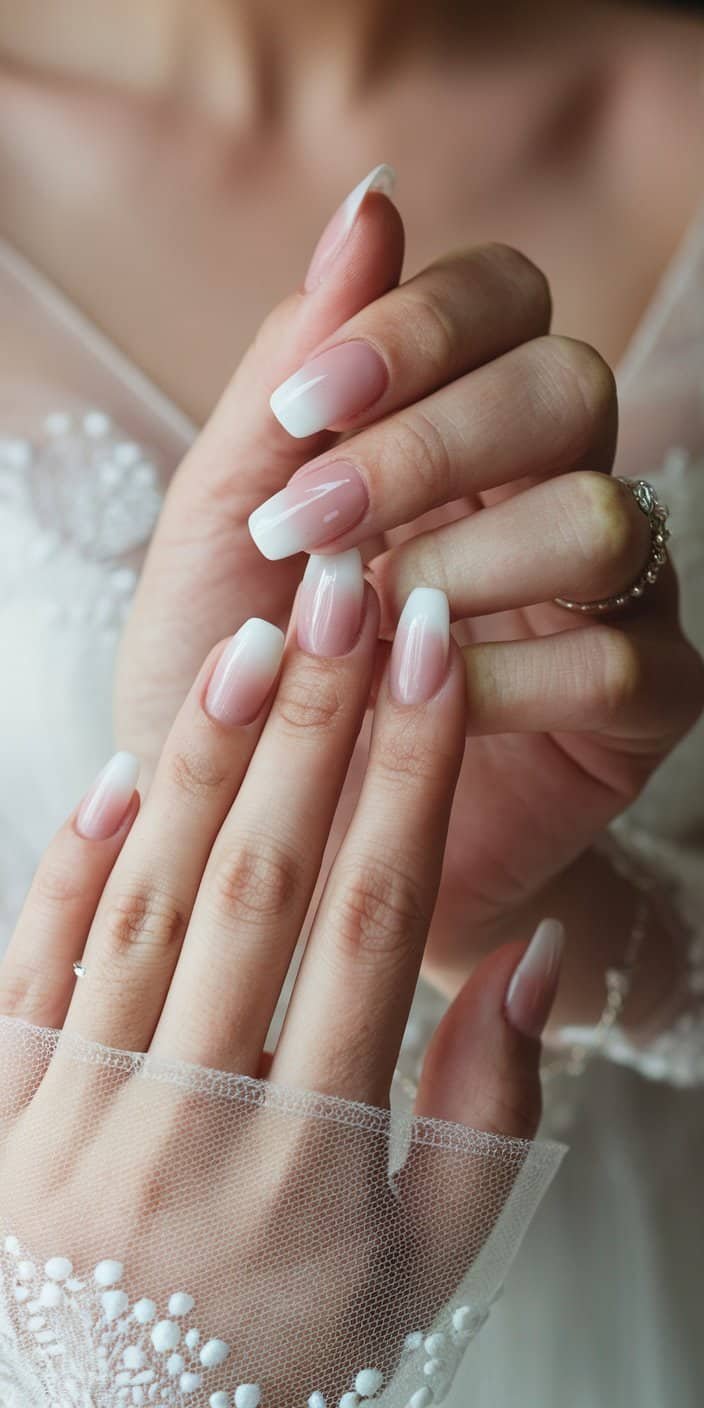 Sophisticated neutral ombré manicure offering a flawless fade, ideal for various wedding dress styles.