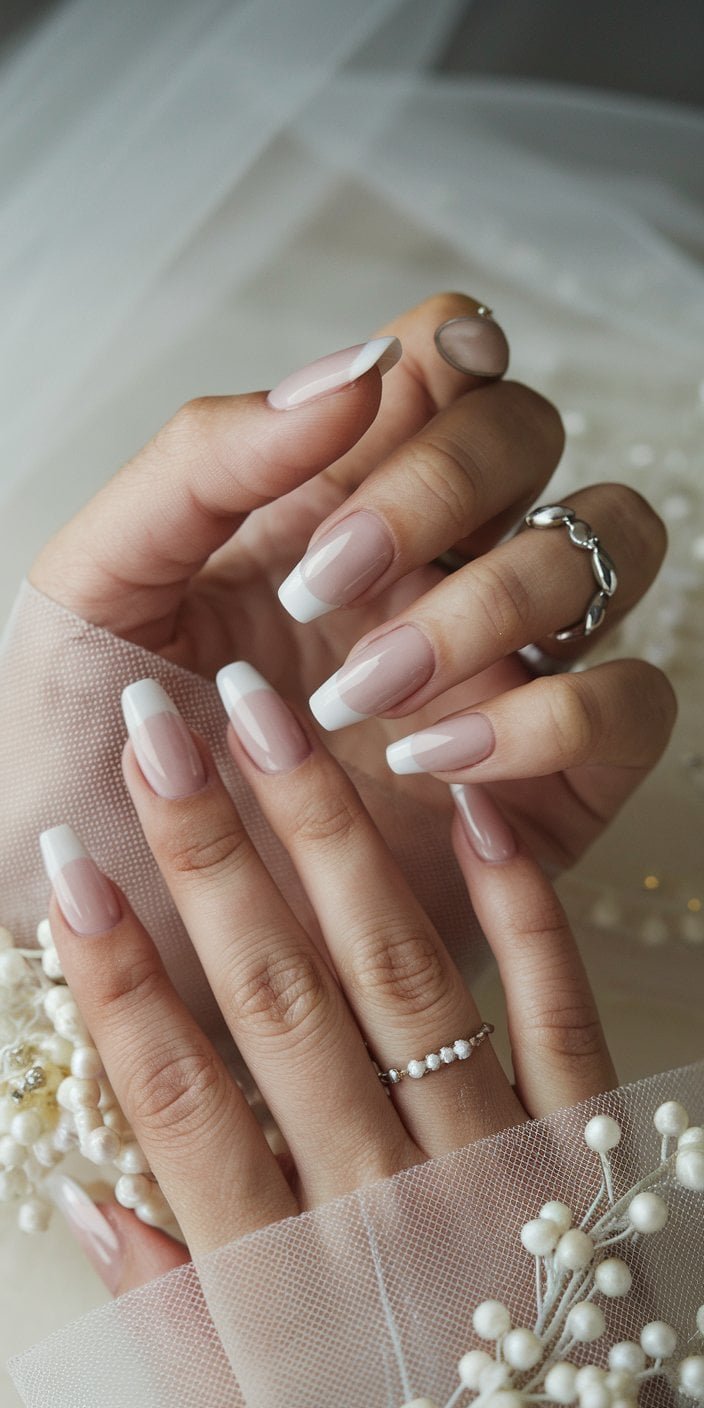 Elegant Subtle Ombré wedding nails transitioning from beige to white, perfect for a delicate gradient effect.