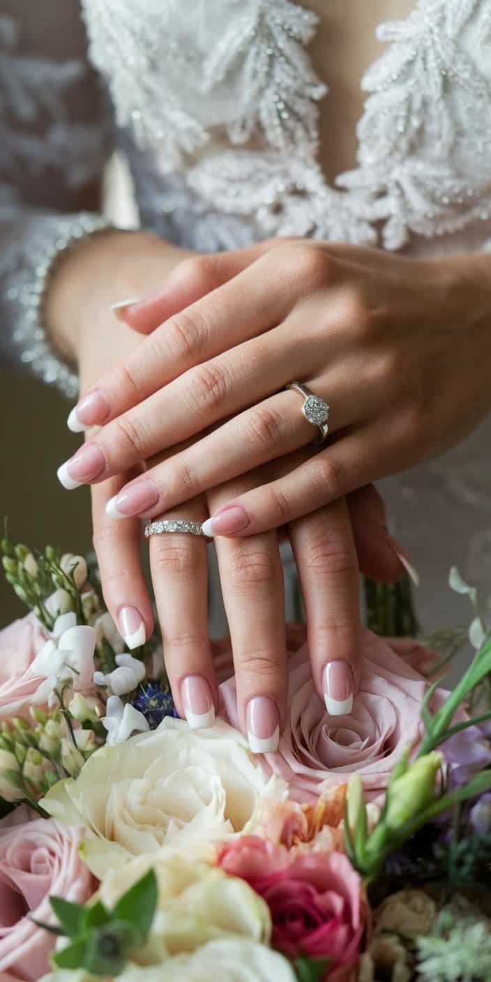 Beautiful bridal nails with a glitter gradient effect, offering a glamorous pop of shine for fashionable wedding looks.