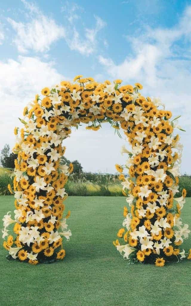 Fresh and airy Wedding Arch Flowers with cherry blossoms and vibrant tulips, perfect for a springtime wedding celebration.
