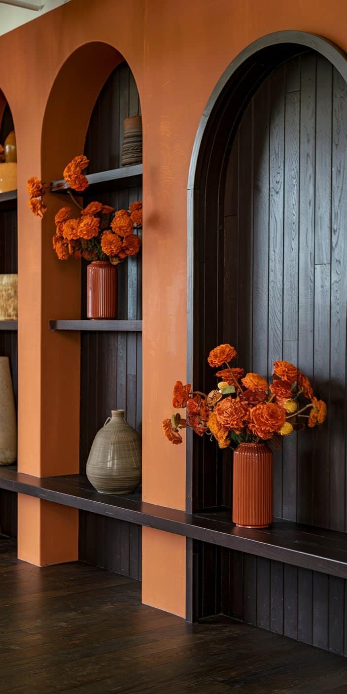 Woodsy wedding setup featuring burnt orange accents and espresso details, perfect for burnt orange and espresso earth tone wedding color ideas.