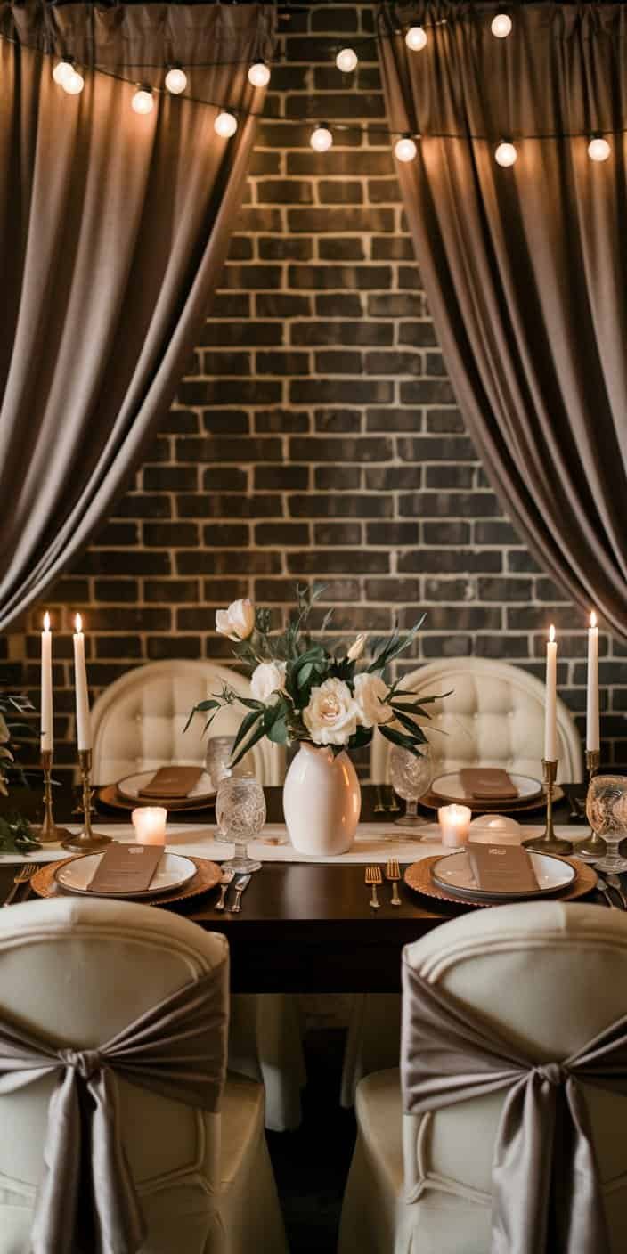 Cozy wedding setup with mocha candles and cream-colored drapes, embodying mocha and cream as elegant earth tone wedding color ideas.