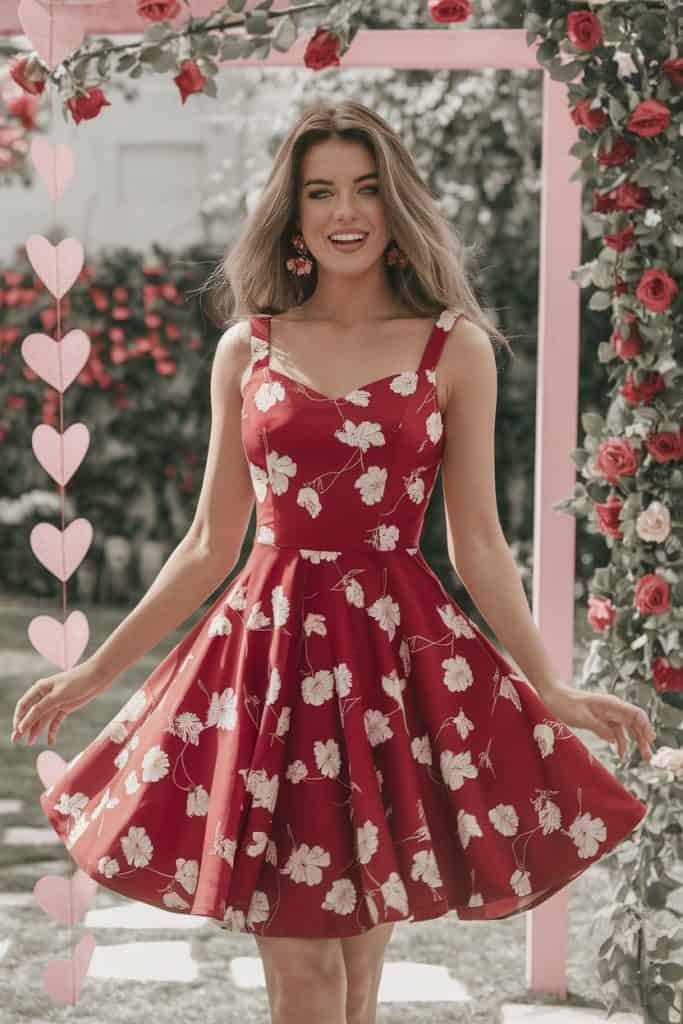 Romantic Valentine's Day dress: Flowy skater dress with blooming flowers for special day