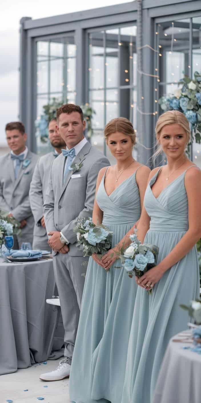 Sophisticated wedding decor with dusty blue floral arrangements and gray table settings, perfect for earth tone wedding color ideas.