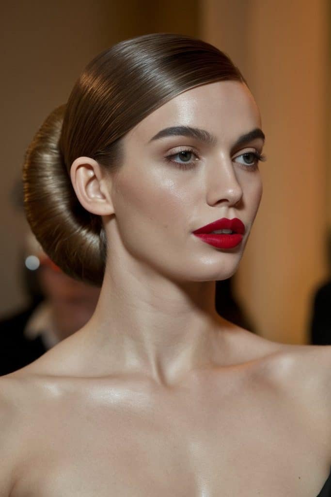 Bold makeup featuring a vibrant lip and stylish updo complements an elegant Valentine's Day dress