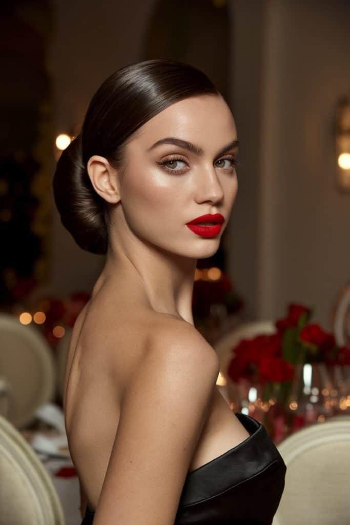 Sophisticated Valentine's Day dress paired with a sleek ponytail and plum lipstick for a formal dinner
