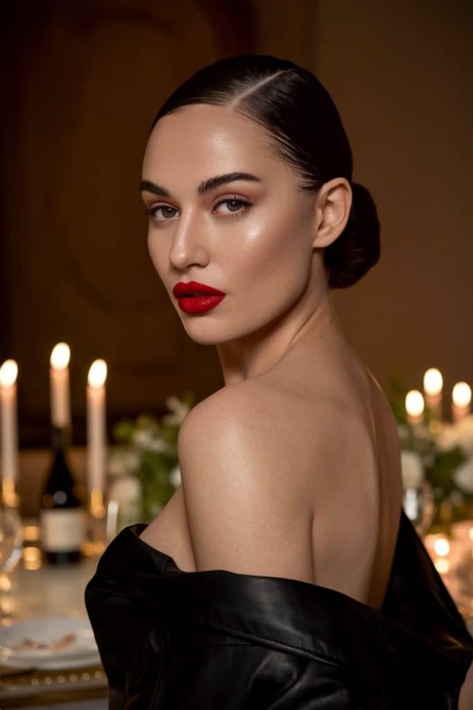 Elegant woman with a bold red lip and sleek updo showcasing a stunning Valentine's Day dress at an evening event.