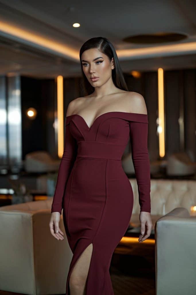 Modern Valentine's Day dress: Stylish off-shoulder fitted dress for contemporary romantic celebration