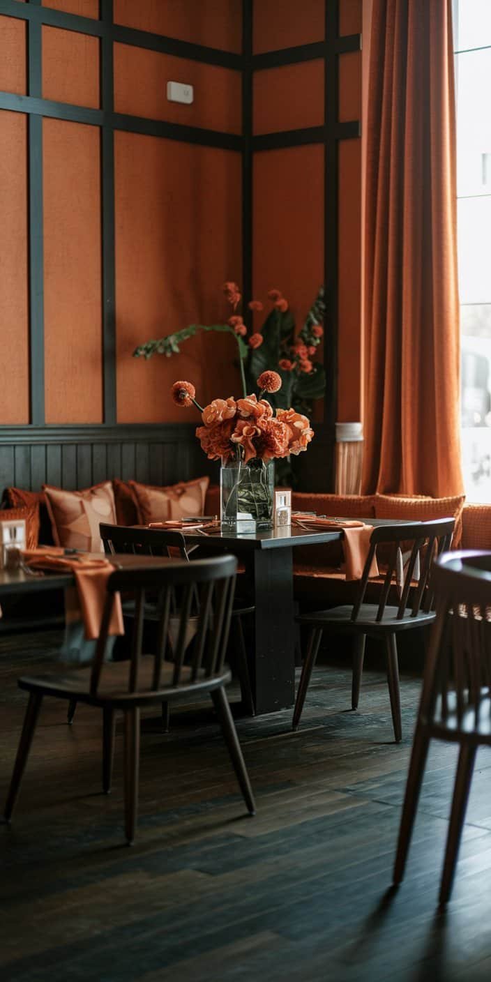 Fall wedding decor with burnt orange floral arches and espresso brown seating, exemplifying burnt orange and espresso earth tone wedding color ideas.