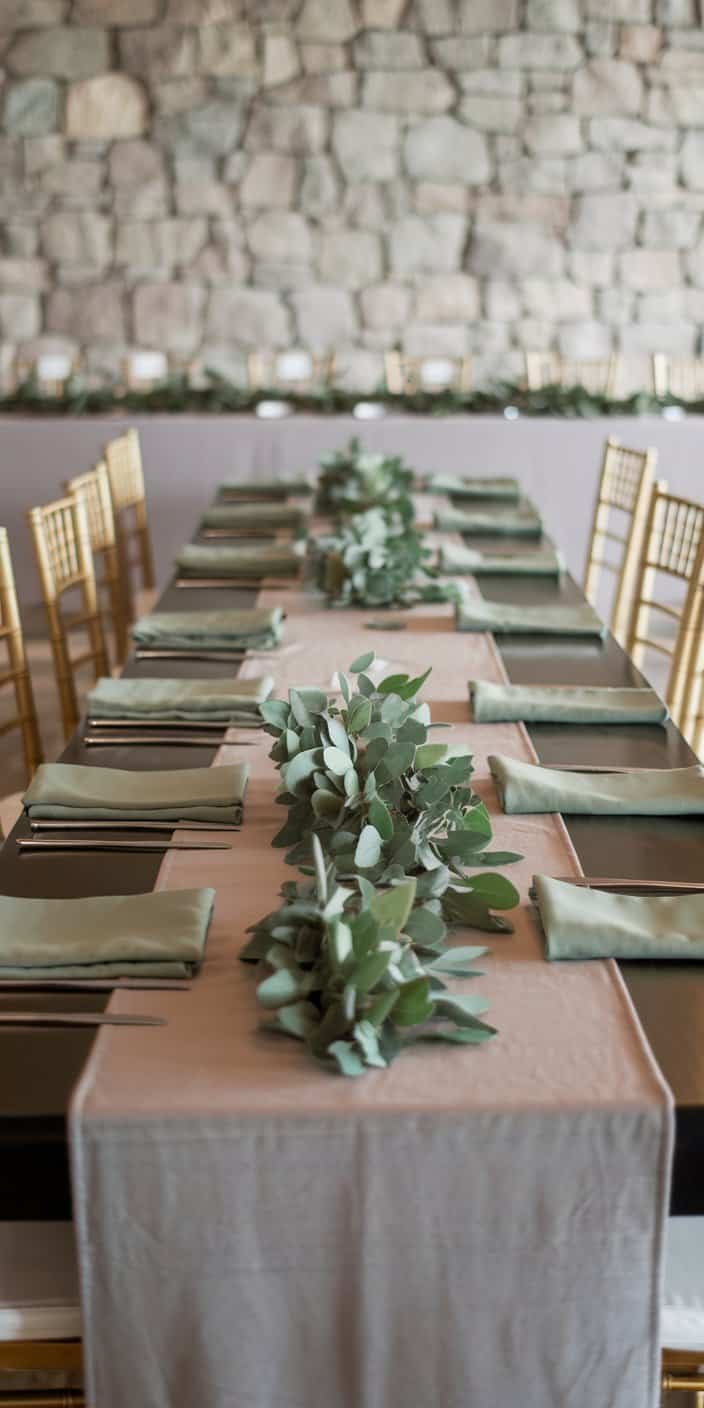 Luxurious wedding decor combining sage greenery, stone gray linens, and gold accents, highlighting sage, stone gray, and gold earth tone wedding color ideas.