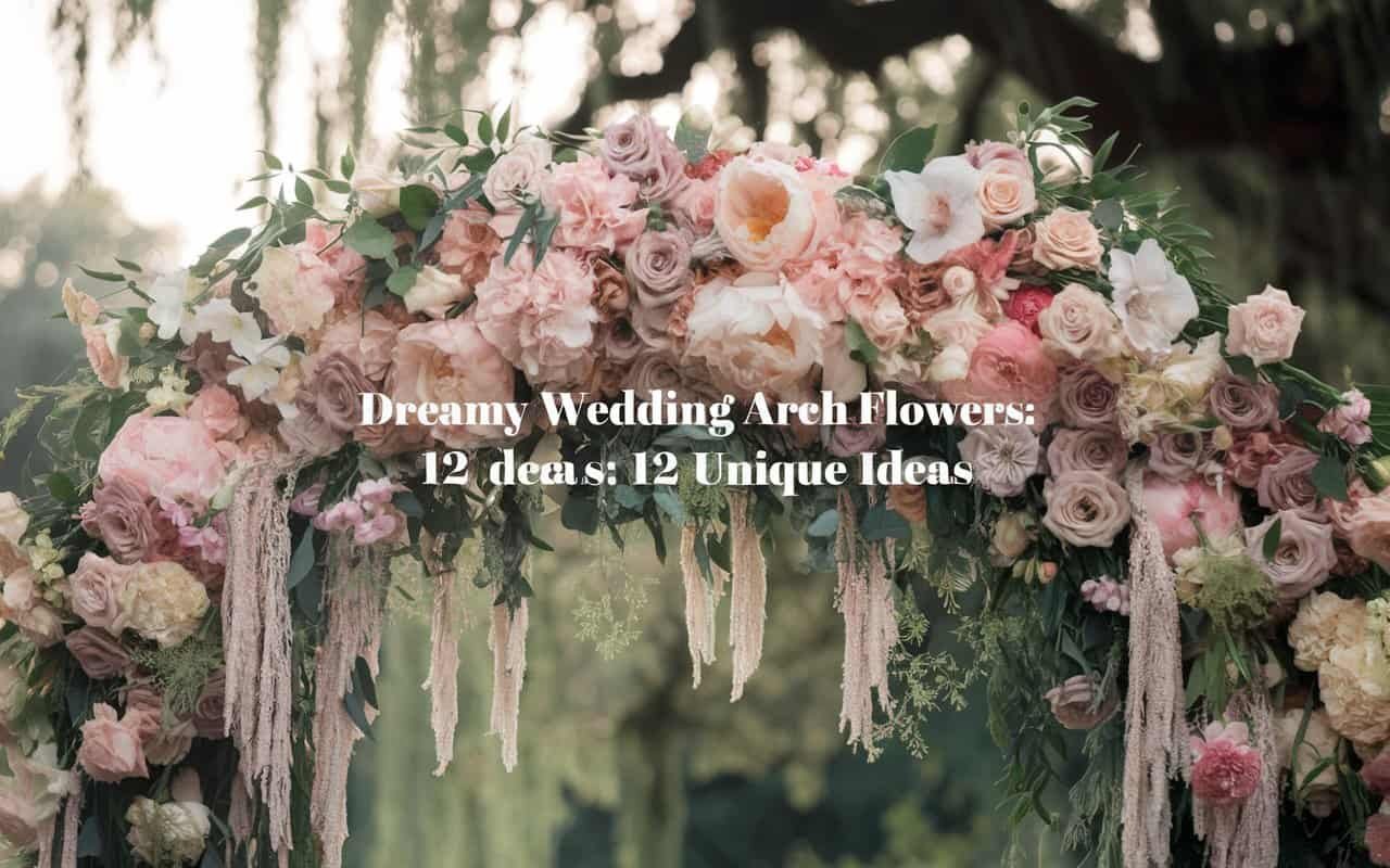 Wedding arch flowers featuring cascading peonies, roses, and greenery, creating a romantic and dreamy atmosphere for an outdoor wedding ceremony.