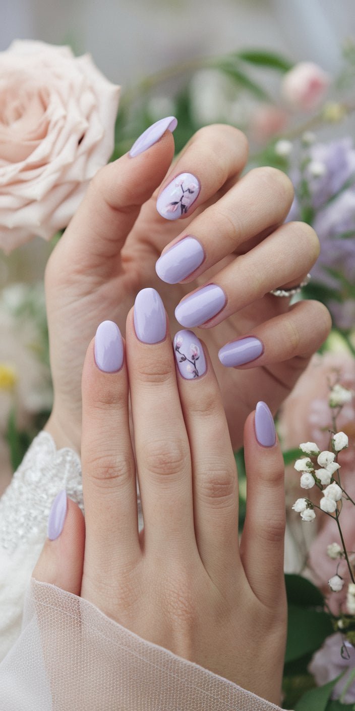 Elegant lavender manicure with a glossy finish, ideal for outdoor ceremonies bathed in natural light.