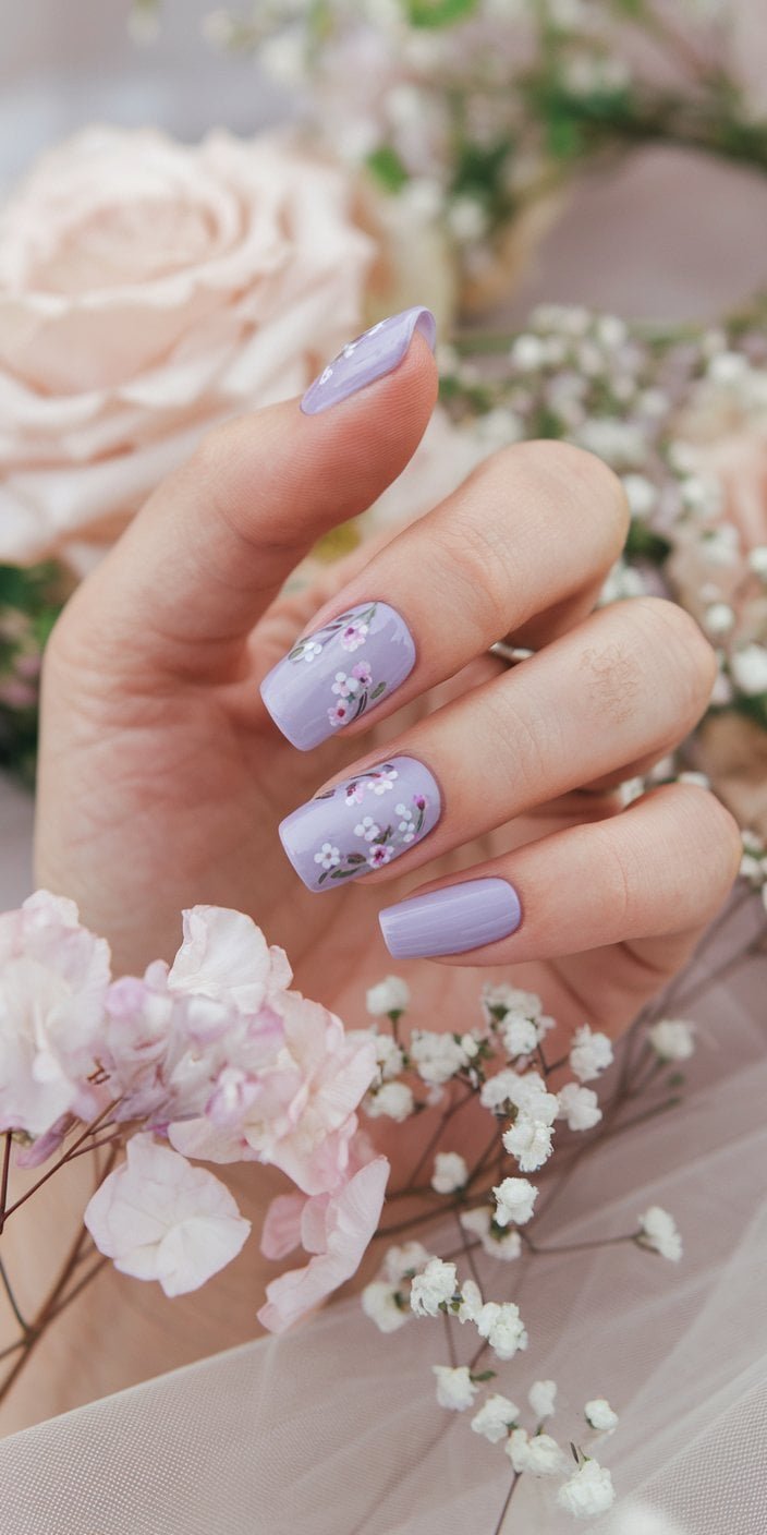Dreamy Soft Lilac wedding nails perfect for spring weddings and brides who adore pastel tones.