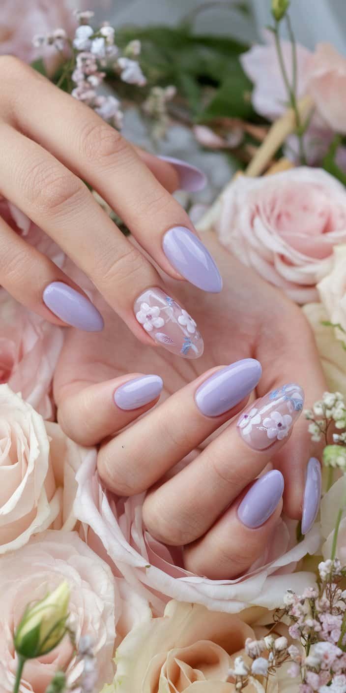 Sophisticated lavender wedding nails with delicate blossom designs, enhancing romantic floral bouquets.