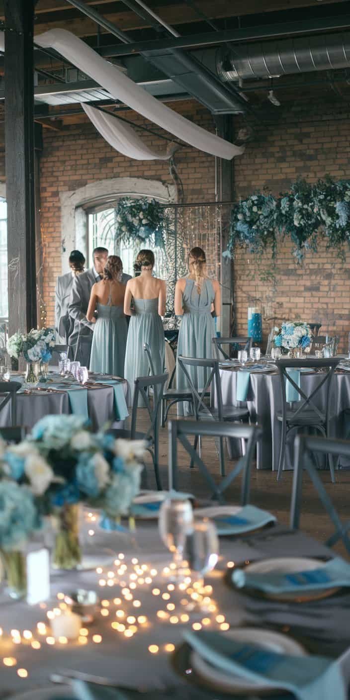 Outdoor ceremony by the sea featuring dusty blue accents and gray linens, showcasing dusty blue and gray in earth tone wedding color ideas.
