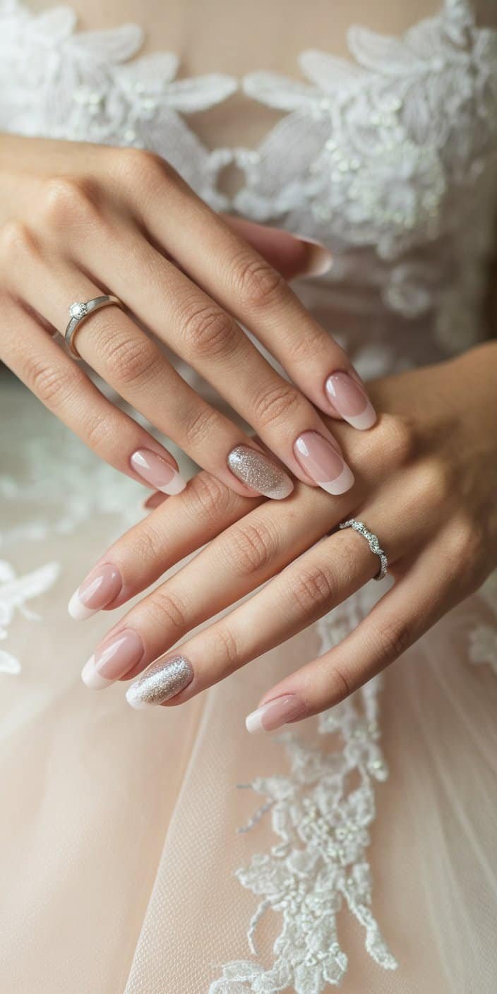 Classic Sheer Pink wedding nails exuding understated charm, perfect for traditional bridal aesthetics.