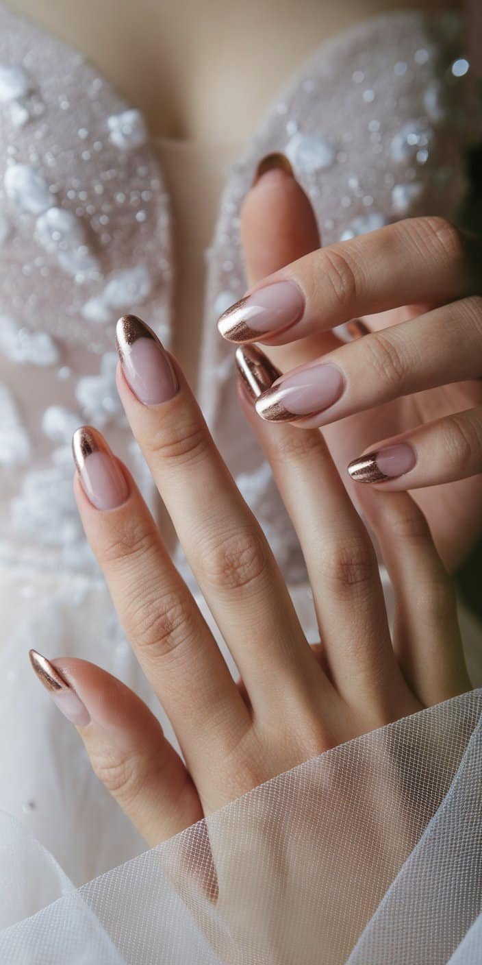 Elegant French manicure with shimmering rose gold tips, perfect for contemporary wedding ceremonies