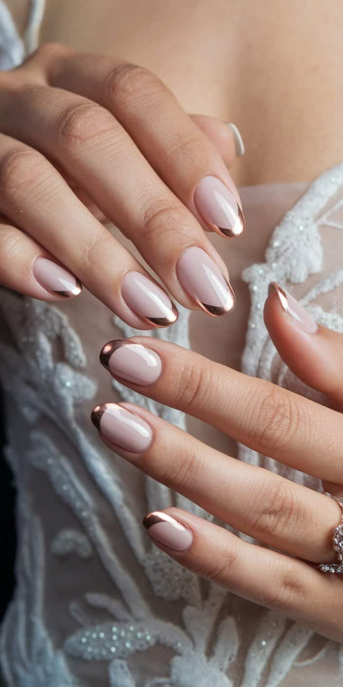 Modern French Tips wedding nails featuring metallic silver accents, adding unexpected flair to a classic look.