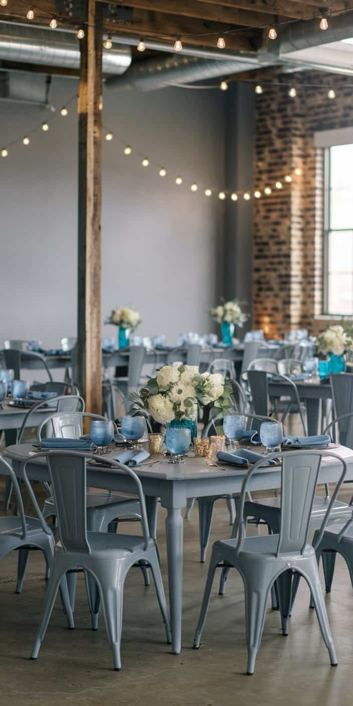 Dusty blue bridesmaid dresses and gray groomsmen suits, illustrating dusty blue and gray as versatile earth tone wedding color ideas.