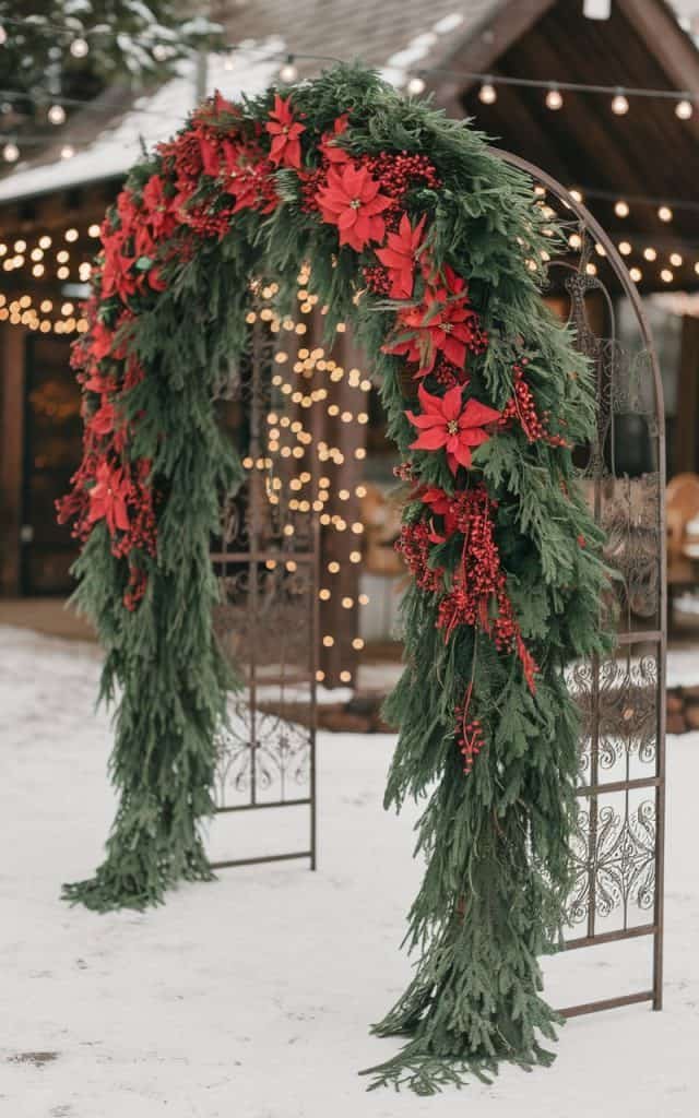 Wedding Arch Flowers in vibrant autumn hues of red, orange, and yellow, creating a stunning arch for a fall-themed wedding.

