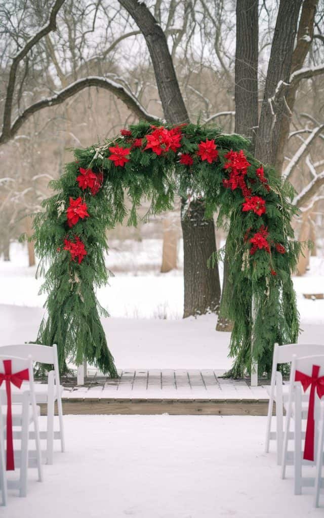Rustic fall Wedding Arch Flowers with mums and marigolds in deep reds, oranges, and yellows, evoking autumn beauty.
