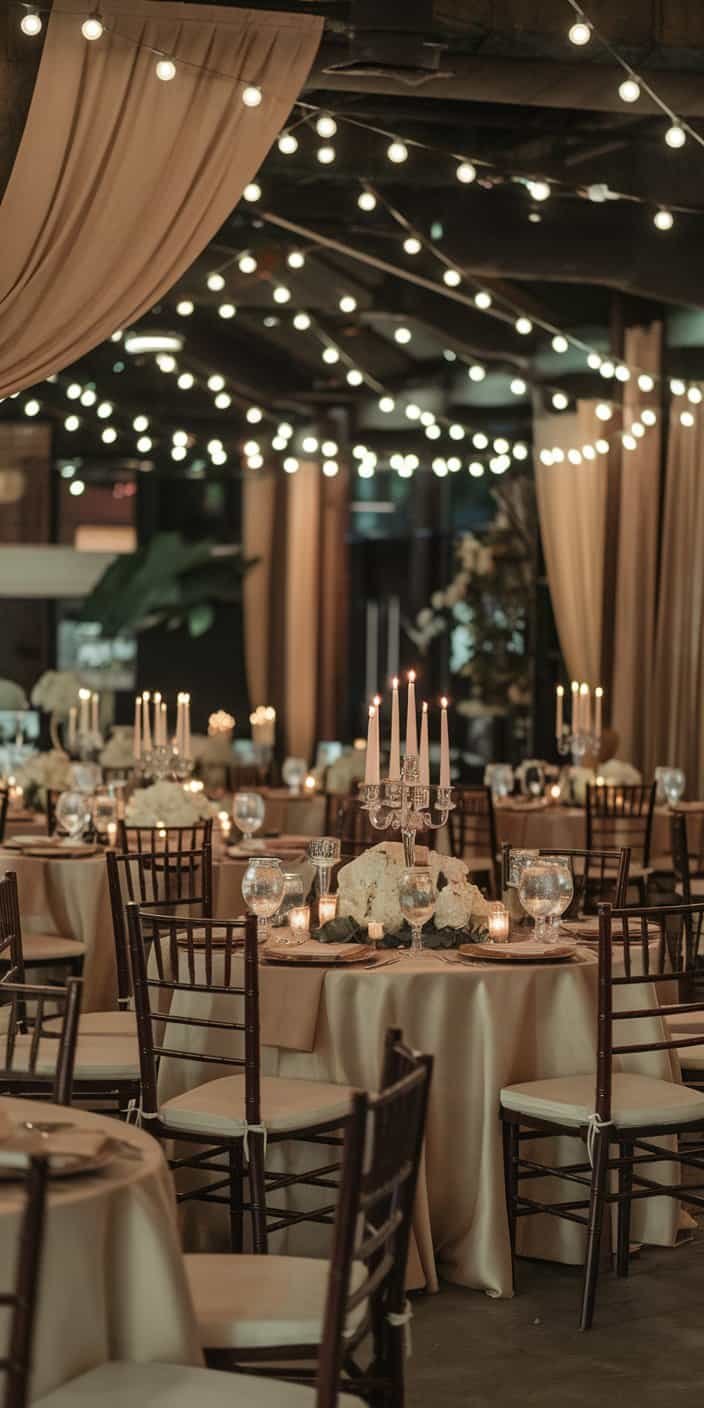 Rustic wedding decor featuring mocha accents and cream linens, perfect for mocha and cream earth tone wedding color ideas.