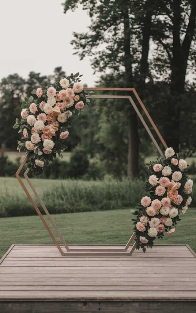 Sleek and modern Wedding Arch Flowers arranged in geometric shapes like hexagons and triangles, featuring dahlias and roses for a contemporary touch.
