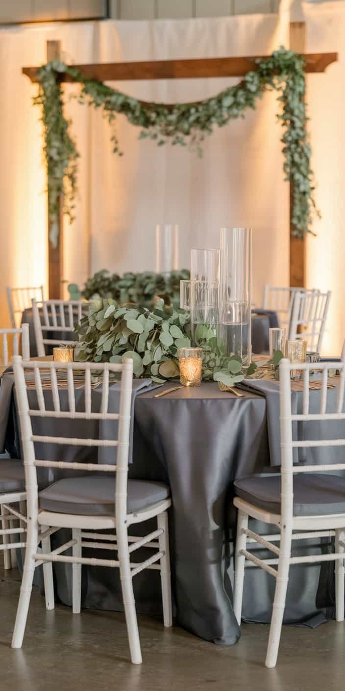 Elegant invitations and decor in charcoal and eucalyptus green, highlighting the contemporary blend of charcoal and eucalyptus green earth tone wedding color ideas.