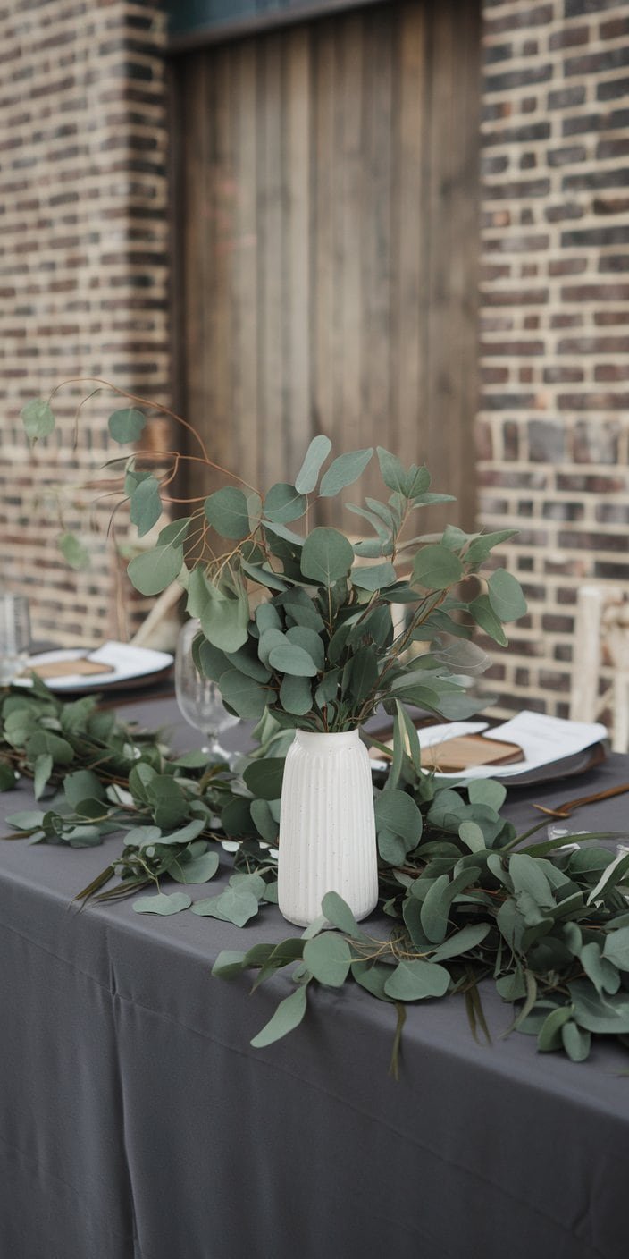 Bridesmaids in charcoal dresses complemented by eucalyptus green bouquets, showcasing charcoal and eucalyptus green earth tone wedding color ideas.