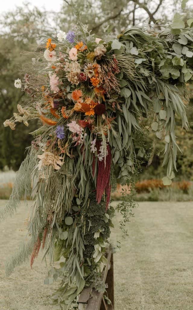 Sophisticated symmetrical Wedding Arch Flowers in a cohesive blend of roses, lilies, and greenery, perfect for a formal wedding setting.
