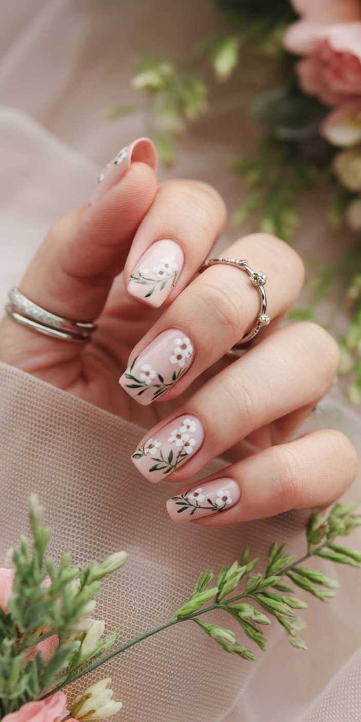 Elegant minimalist wedding nails featuring fine floral details that mirror the wedding's botanical decorations