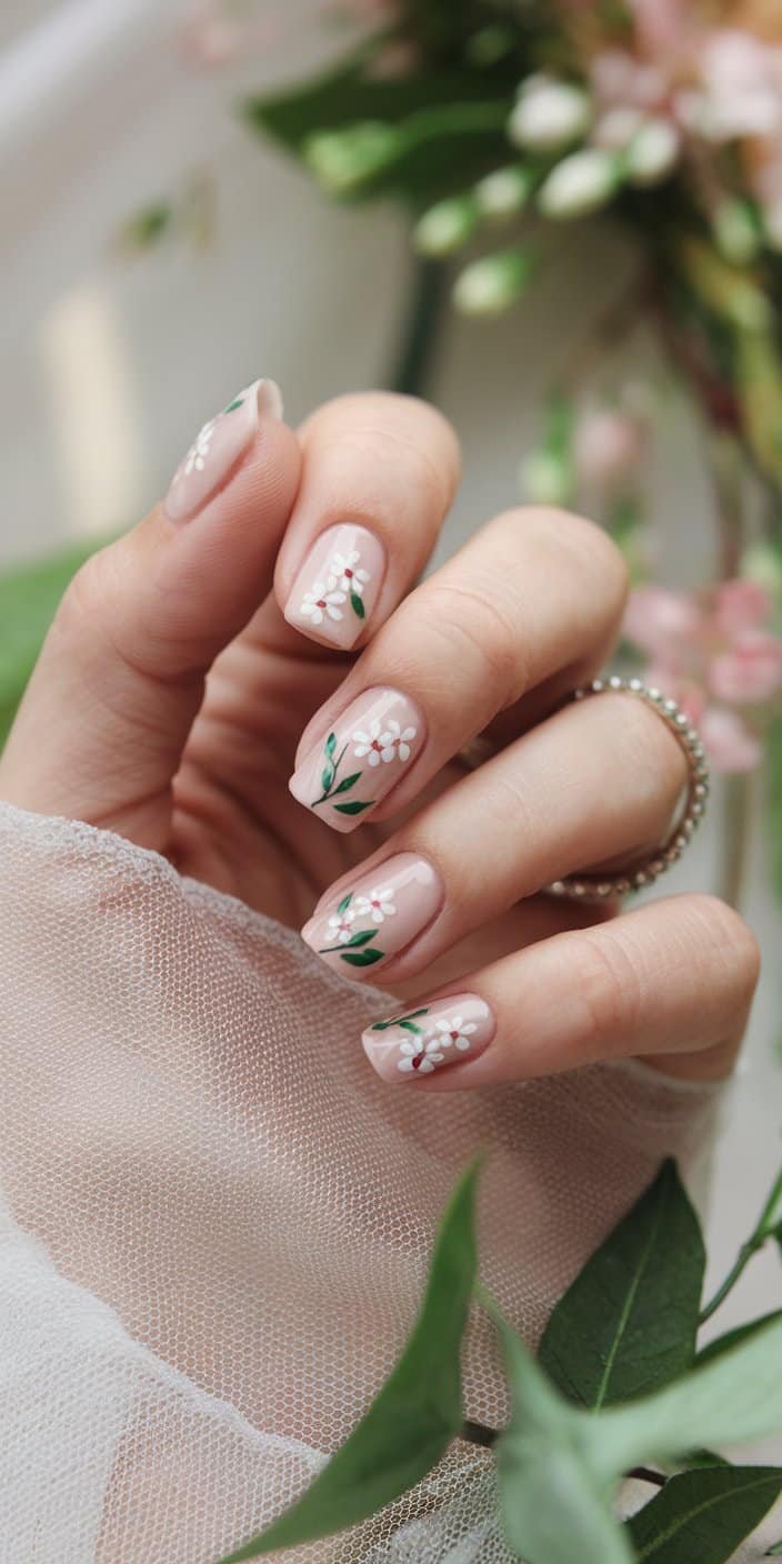 Minimalist Floral Wedding Nail Art featuring delicate blossoms on a pastel base, perfect for romantic ceremonies.