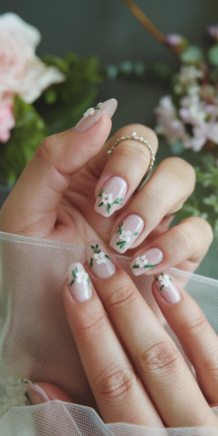 Beautiful minimalist floral bridal nails with tiny blossoms, ideal for adding a delicate flair to wedding attire.