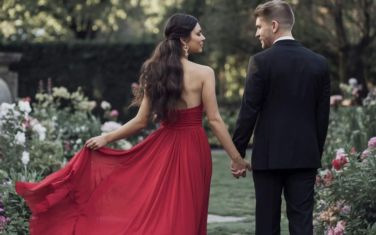 A beautiful woman in a red flowy Valentine's Day dress with a half-up, half-down hairstyle, holding hands with her handsome date in a black suit, set against a lush garden backdrop filled with blooming flowers.