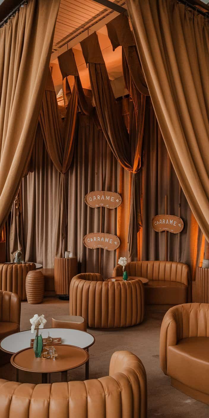 Bridesmaids dressed in caramel gowns with wheat accessories, showcasing the comforting palette of caramel and wheat earth tone wedding color ideas.