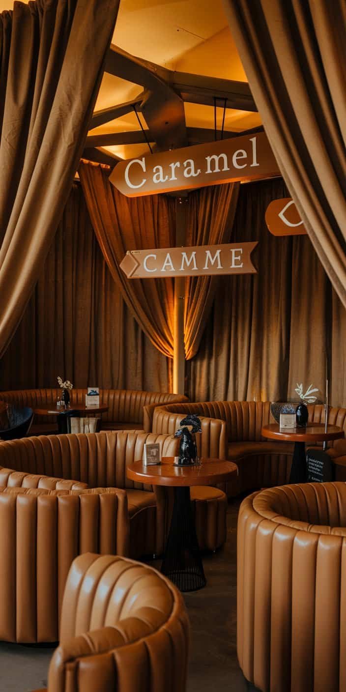 Rustic wedding setup featuring caramel and wheat draped fabrics, perfect for caramel and wheat earth tone wedding color ideas.