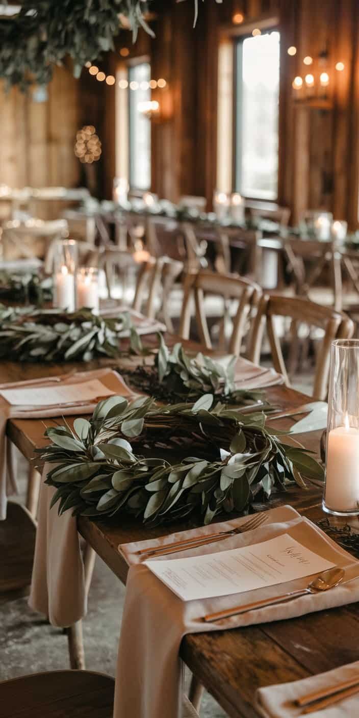 Natural wedding decor featuring olive greenery and warm beige linens, perfect for olive green and warm beige earth tone wedding color ideas.