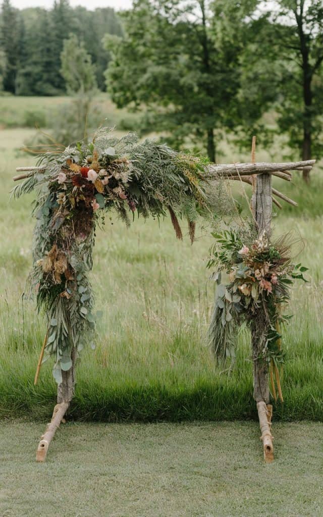 Organic and romantic Wedding Arch Flowers featuring textured blooms and trailing foliage, creating a warm, inviting atmosphere for a boho wedding.
