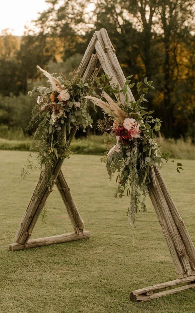 Relaxed Wedding Arch Flowers with a mix of wildflowers and loose greenery, offering an organic and charming feel for a rustic ceremony.
