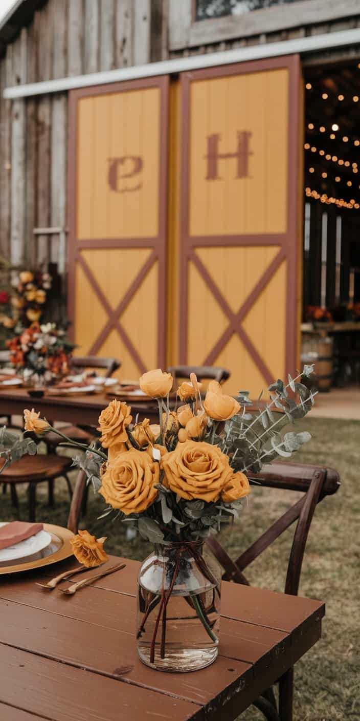 Autumnal wedding setup with mustard accents and chocolate brown details, perfect for earth tone wedding color ideas.