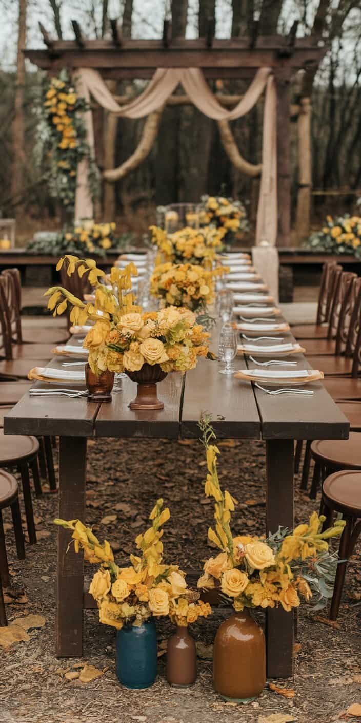 Rustic wedding decor featuring mustard yellow floral arrangements and chocolate brown table signs, embodying earth tone wedding color ideas.